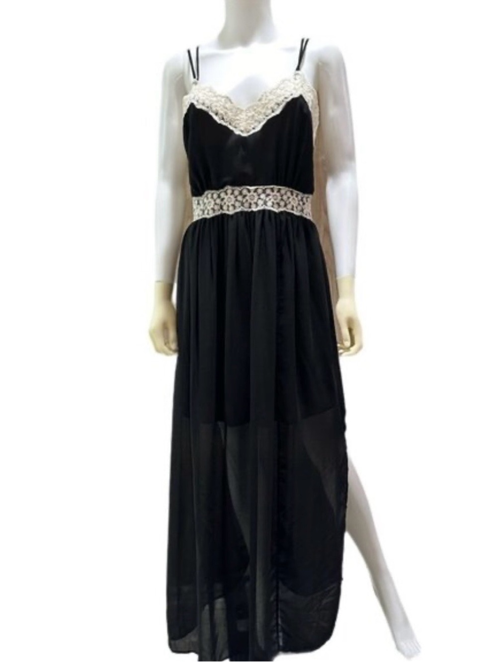 everleigh Black Maxi Slip Dress with Ivory Lace Accents